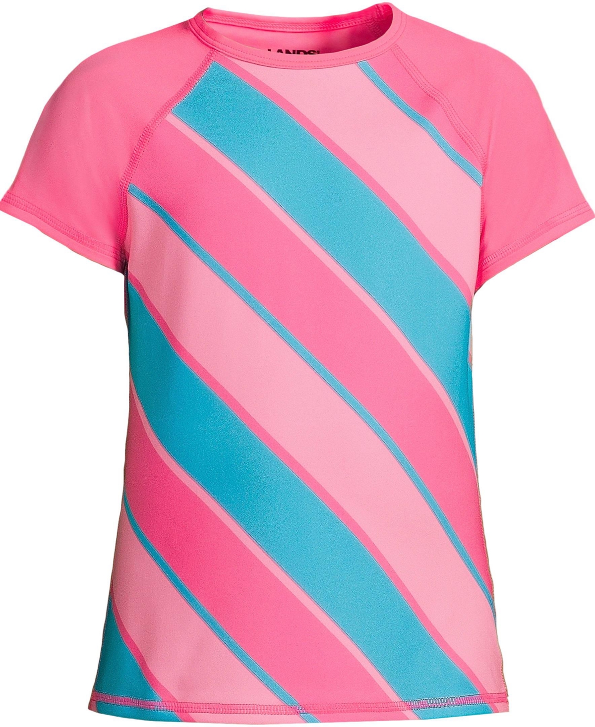 Lands' End Girls Slim Chlorine Resistant Short Sleeve Crew Neck UPF50 Rash Guard -turquoise stripe