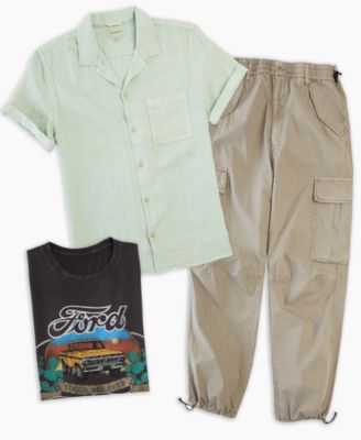 Lucky Brand Mens Linen Camp Collar Short Sleeve Shirt Ford Fun Truck Short Sleeve T Shirt Parachute Cargo Pant In Raven