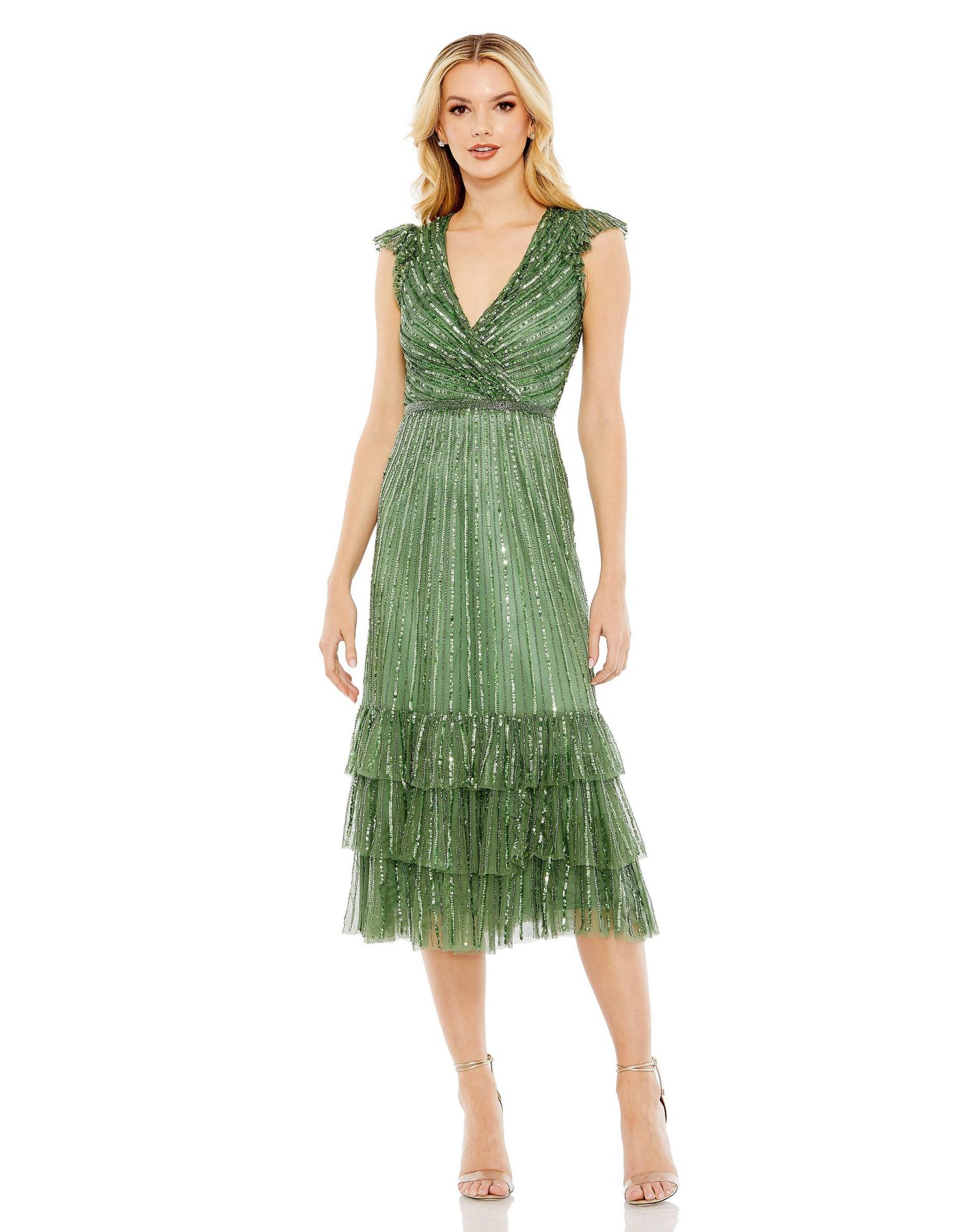 Women's Sequined Wrap Over Cap Sleeve Ruffle Hem Dress