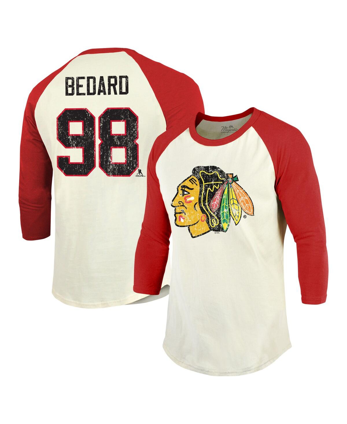 Men's Majestic Threads Connor Bedard Cream, Red Distressed Chicago Blackhawks Name and Number Softhand Raglan 3/4-Sleeve T-shirt - Cream, Red
