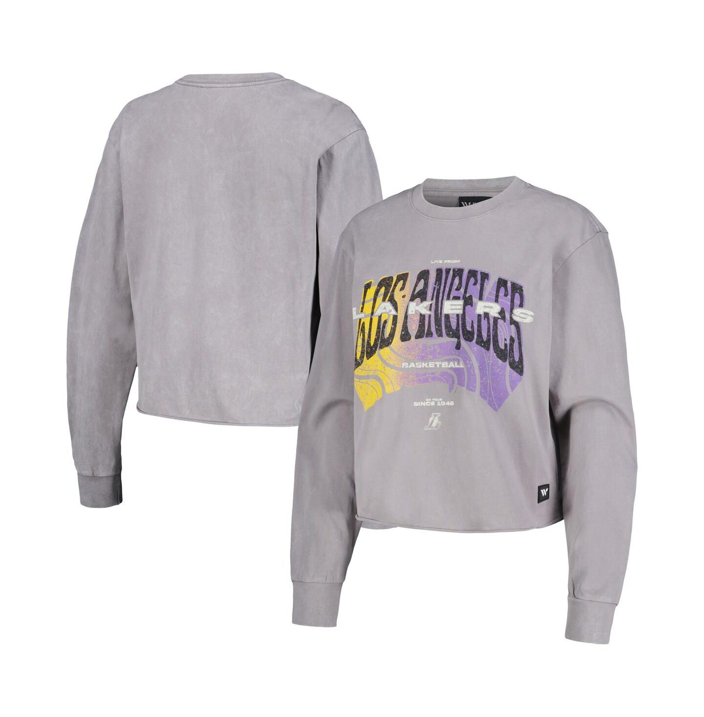 Женская футболка The Wild Collective Gray Distressed Los Angeles Lakers Band Cropped Long Sleeve — фото 1