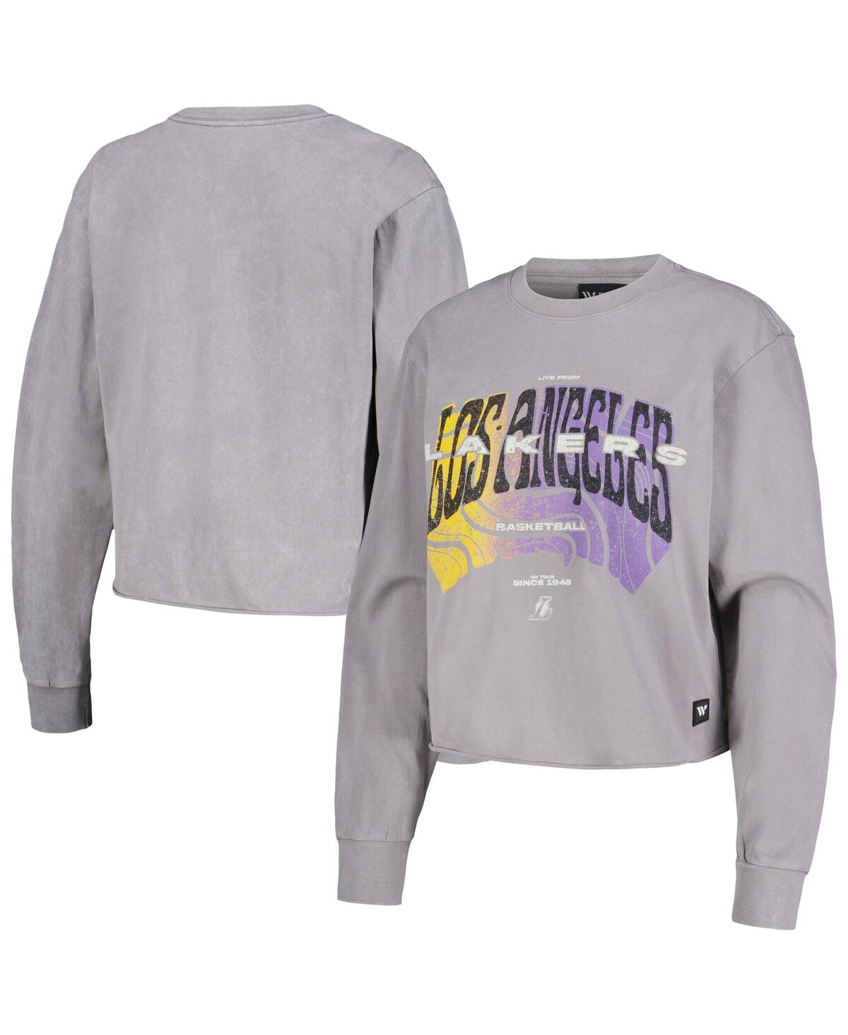 Shop The Wild Collective Women's  Gray Distressed Los Angeles Lakers Band Cropped Long Sleeve T-shirt
