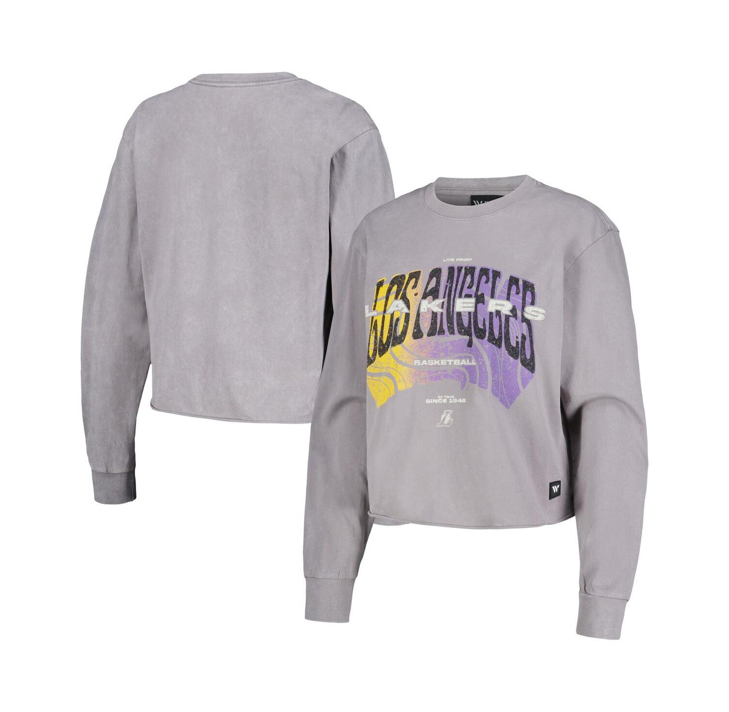 Women's Gray Distressed Los Angeles Lakers Band Cropped Long Sleeve T-shirt