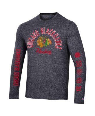 Men's Heather Black Distressed Chicago Blackhawks Multi-Logo Tri-Blend Long Sleeve T-shirt
