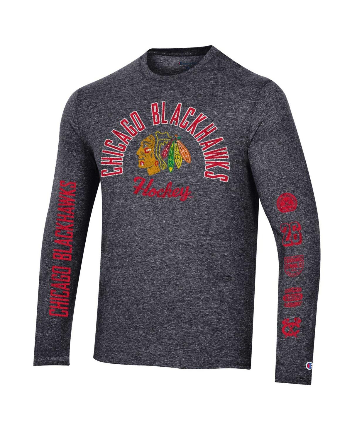 Men's ChampionDistressed Chicago Blackhawks Multi-Logo Tri-Blend Long Sleeve T-shirt - Heather Black