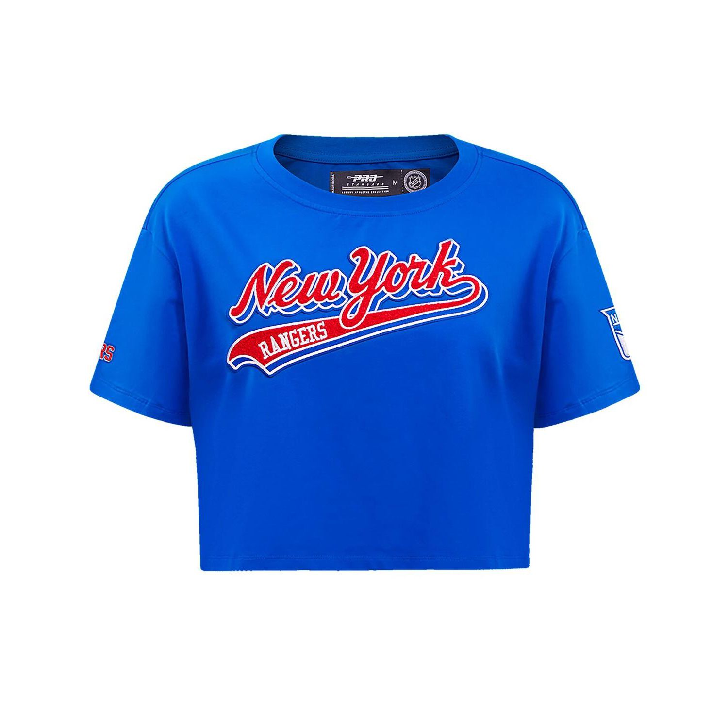 Women's Blue New York Rangers Boxy Script Tail Cropped T-shirt