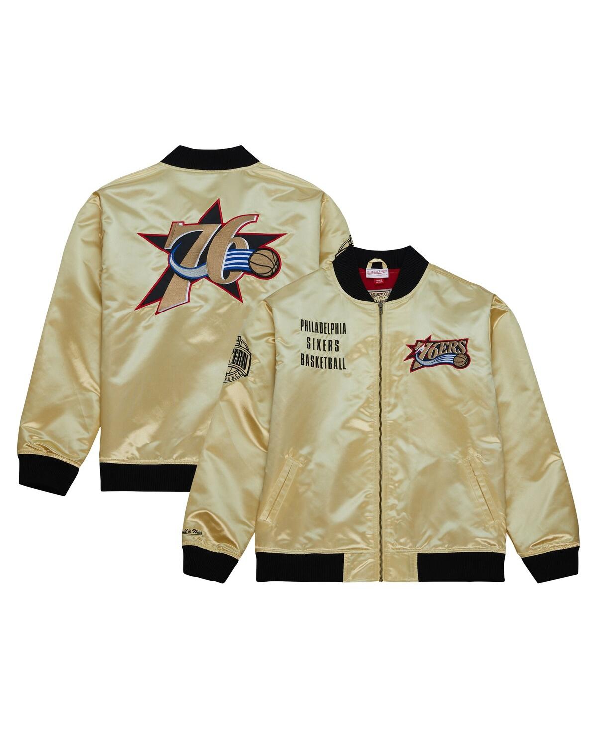 Men's Mitchell & Ness Gold Distressed Philadelphia 76ers Team Og 2.0 Vintage-Like Logo Satin Full-Zip Jacket - Gold