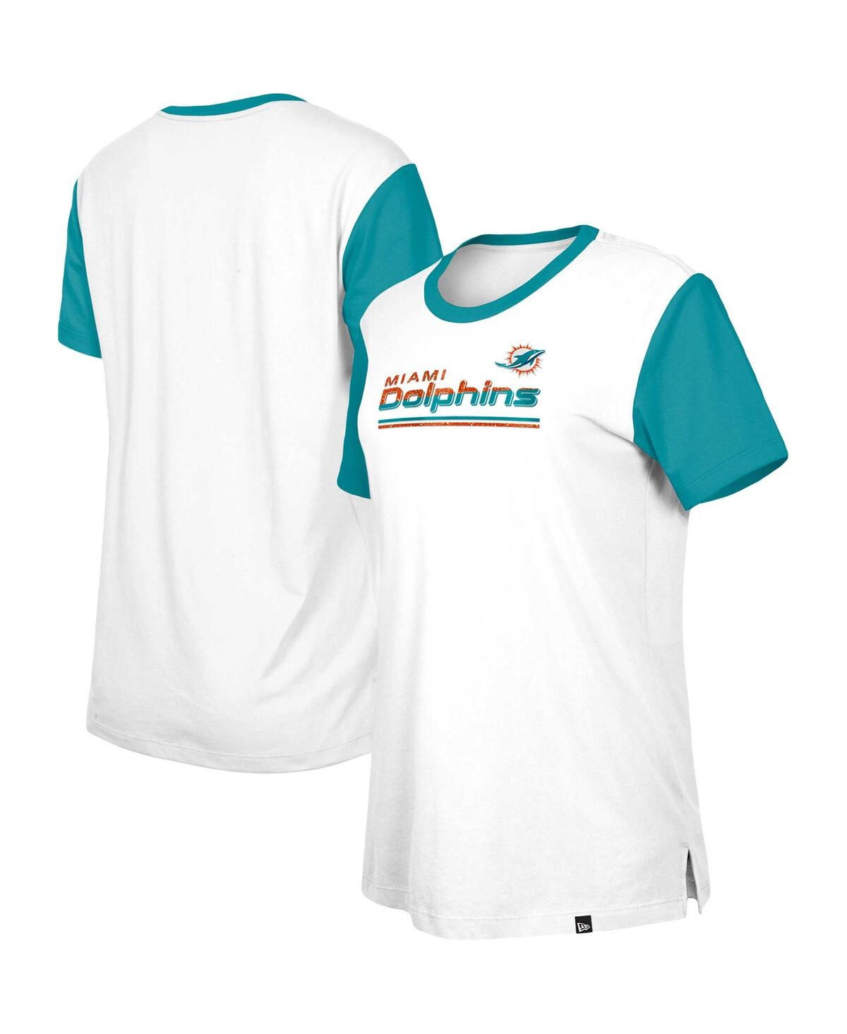 New Era Women's  White, Aqua Miami Dolphins Third Down Colorblock T-shirt In White,aqua