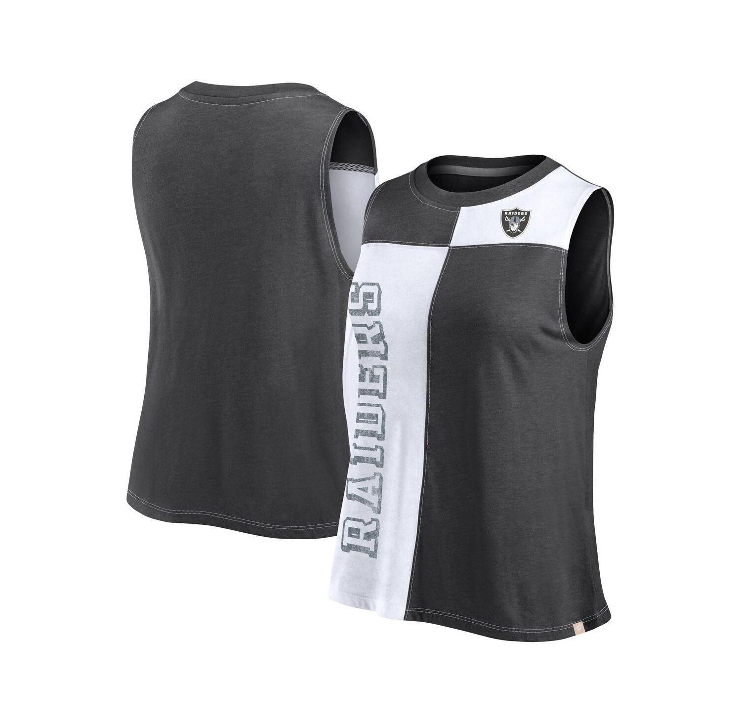 Women's Black, White Distressed Las Vegas Raiders Script Color Block Tank Top