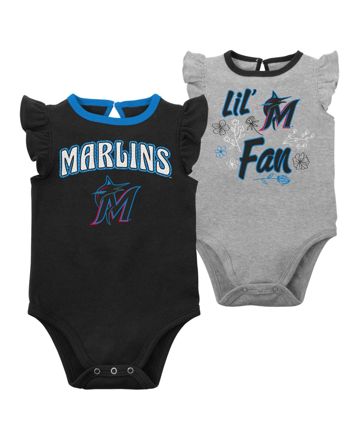 Outerstuff Baby Girls Black, Heather Gray Miami Marlins Little Fan Two-pack Bodysuit Set In Black,heather Gray