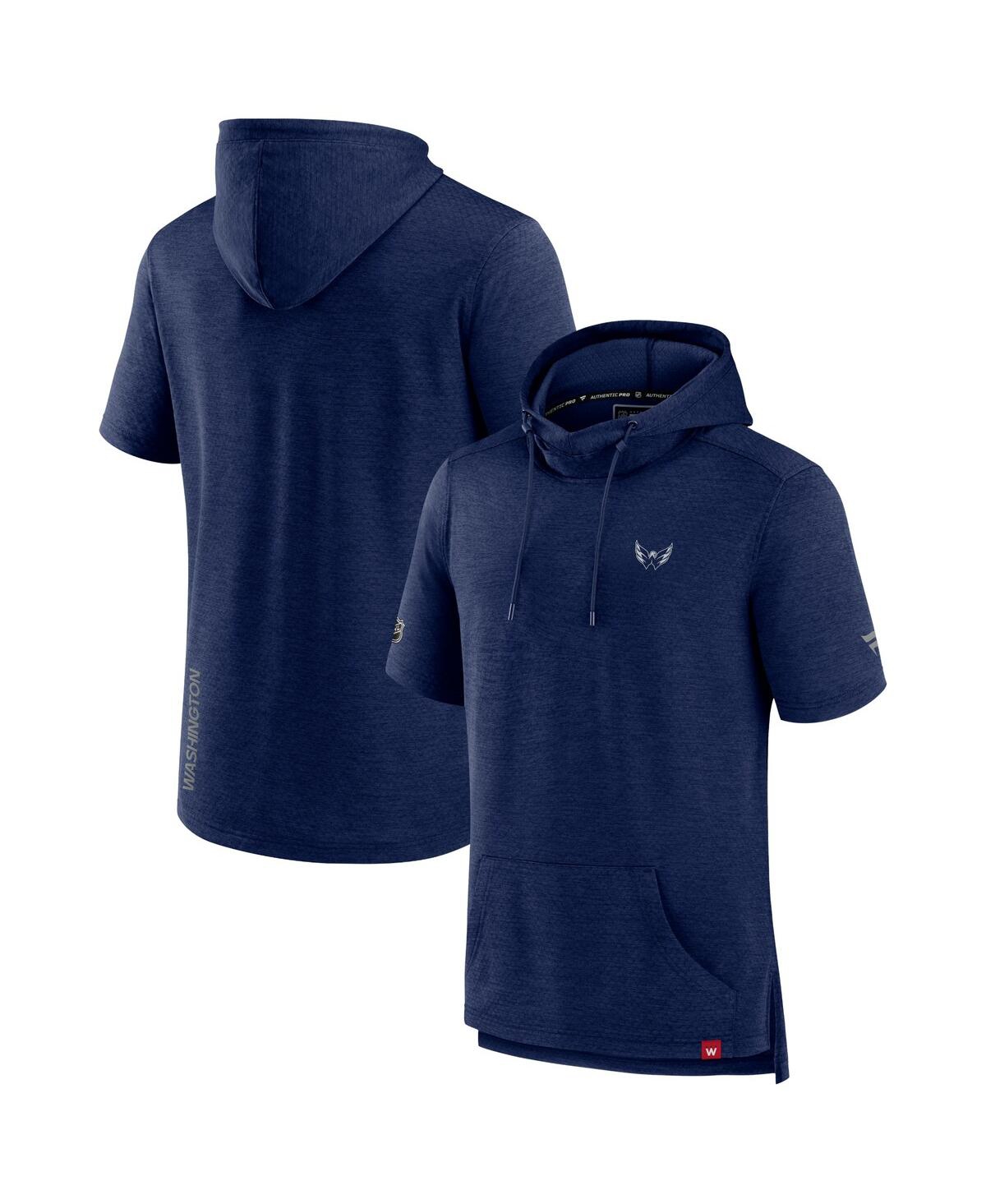 Shop Fanatics Men's  Heather Navy Washington Capitals Authentic Pro Short Sleeve Pullover Hoodie