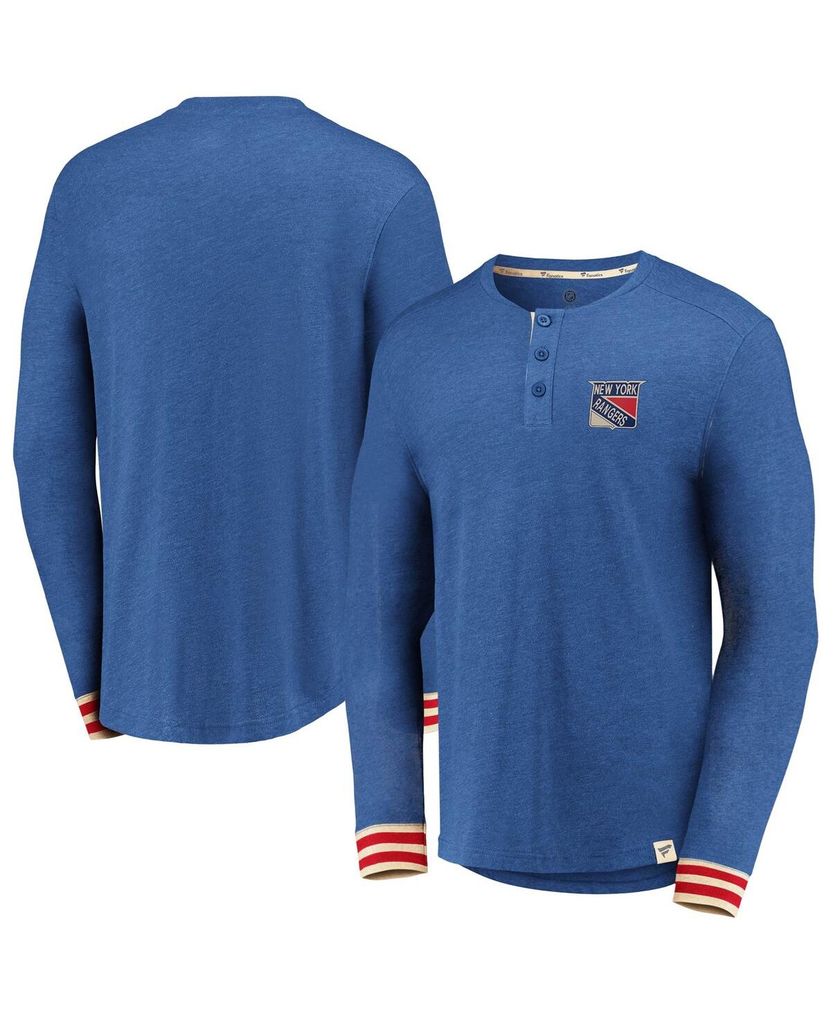 Shop Fanatics Men's  Heathered Blue New York Rangers True Classics Henley Long Sleeve T-shirt