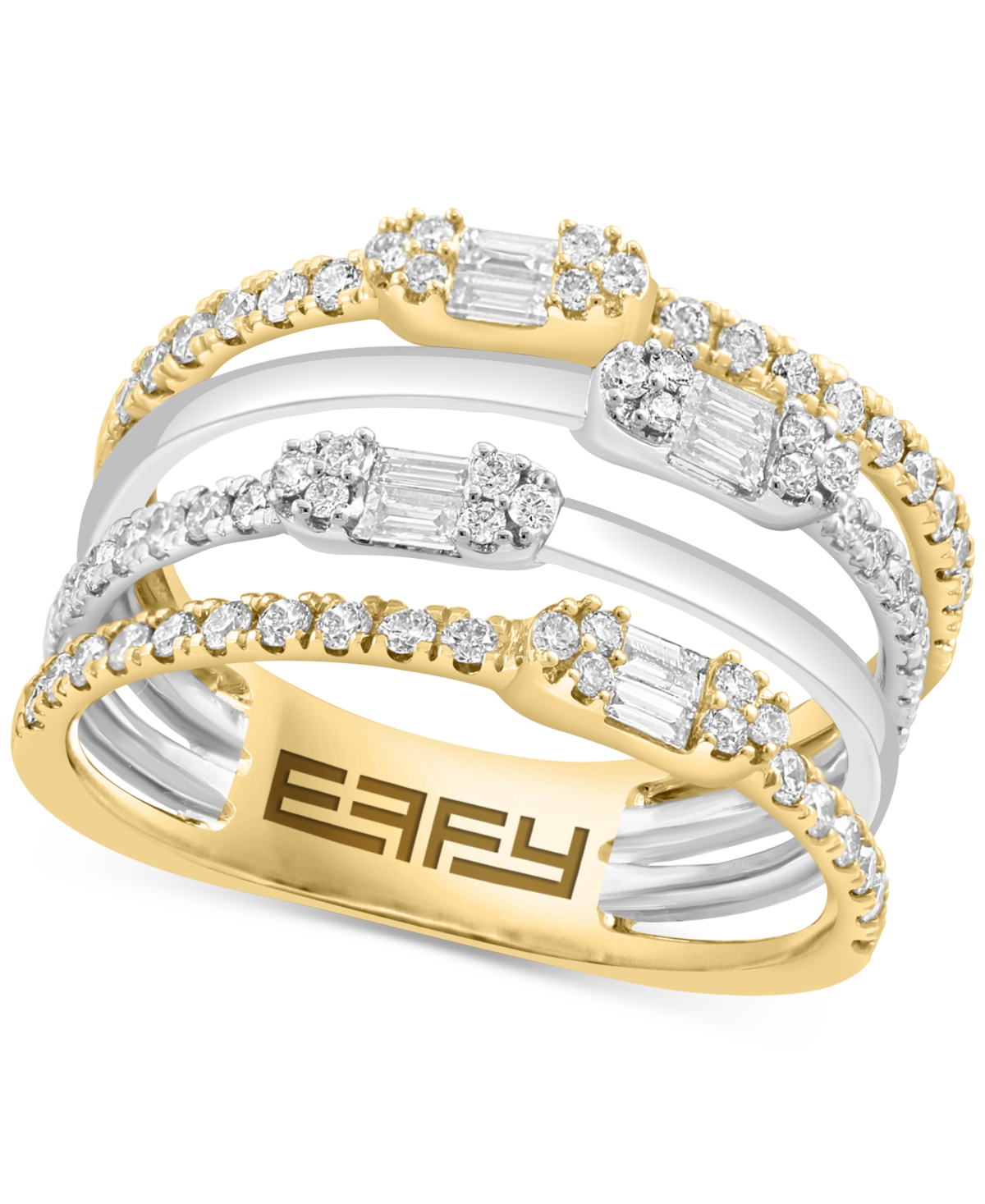 Shop Effy Collection Effy Diamond Baguette & Round Multirow Statement Ring (3/4 Ct. T.w.) In 14k Two-tone Gold In Ylw,wht Go