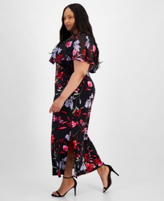 Plus Size V-Neck Floral Cape Maxi Dress
