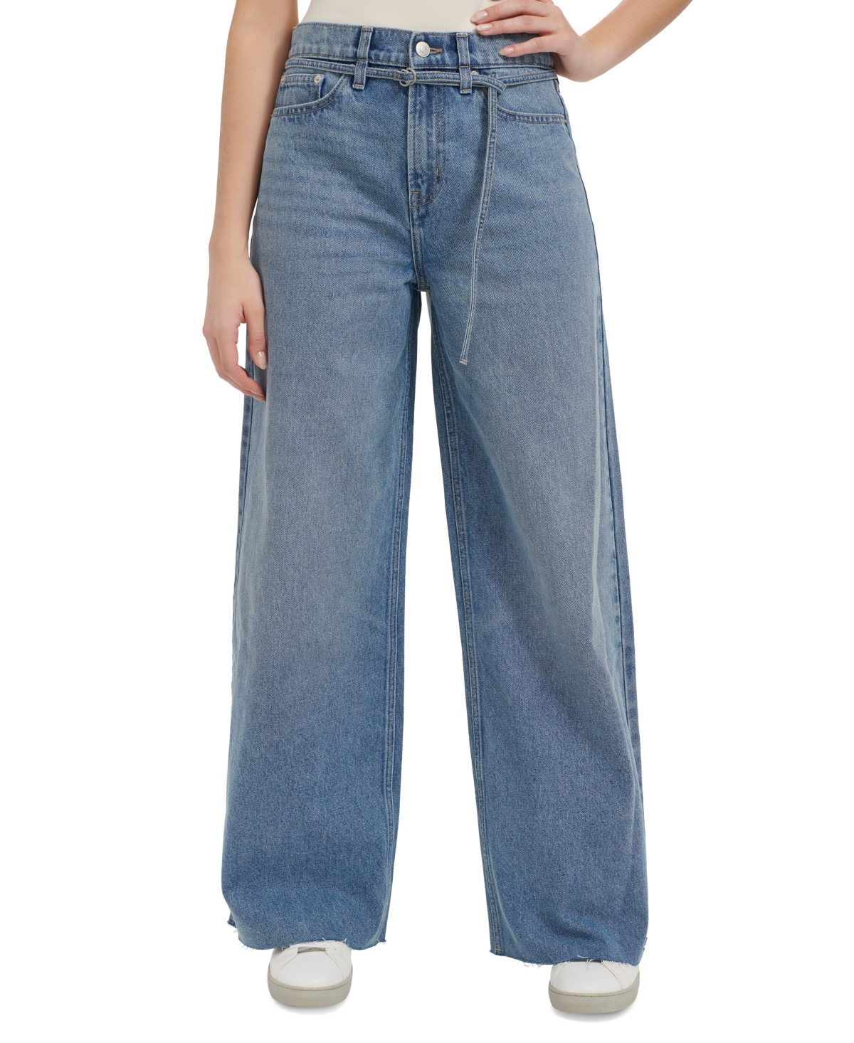 Shop Calvin Klein Jeans Est.1978 Women's Cut-hem High-rise Wide-leg Belted Cotton Denim Jeans In Navigate