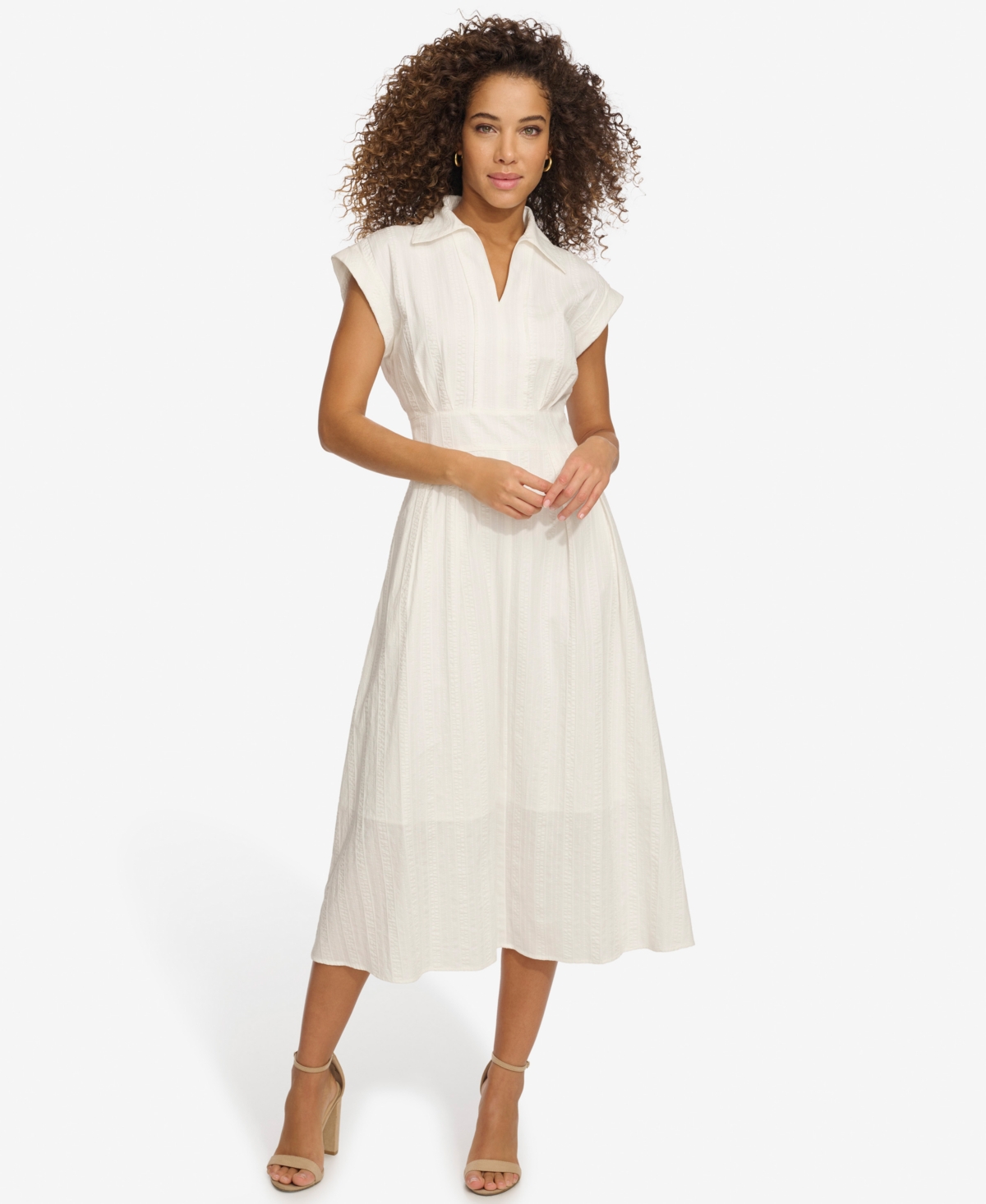 Women's Textured-Stripe Collared Midi Dress - White