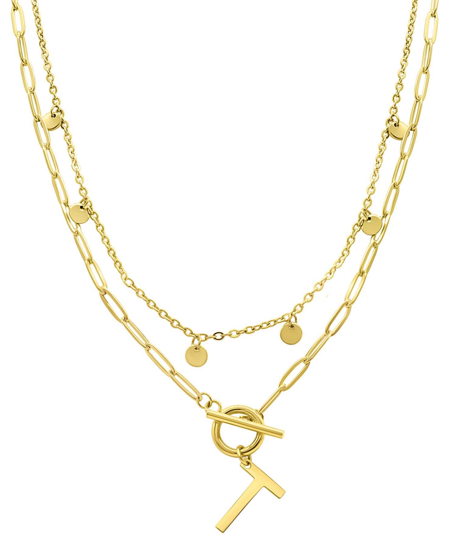 Tarnish Resistant 14K Gold-Plated Confetti and Paperclip Layered Initial Toggle Necklace