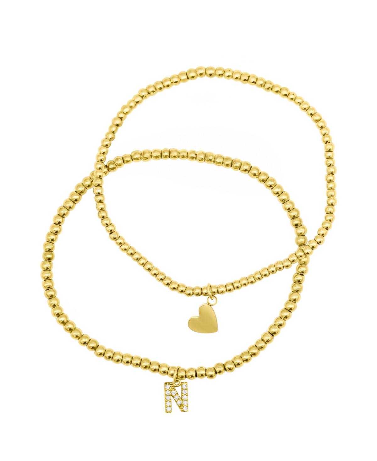 14K Gold-Plated Stretch Bracelet Set with Mini Crystal Initial - Gold- Z