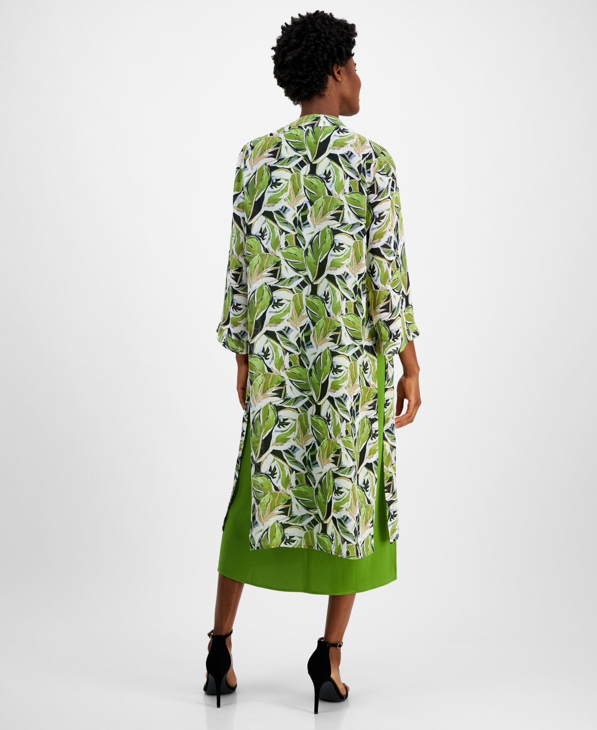 Anne Klein Women's Printed Open-Front Long-Sleeve Duster -Bay