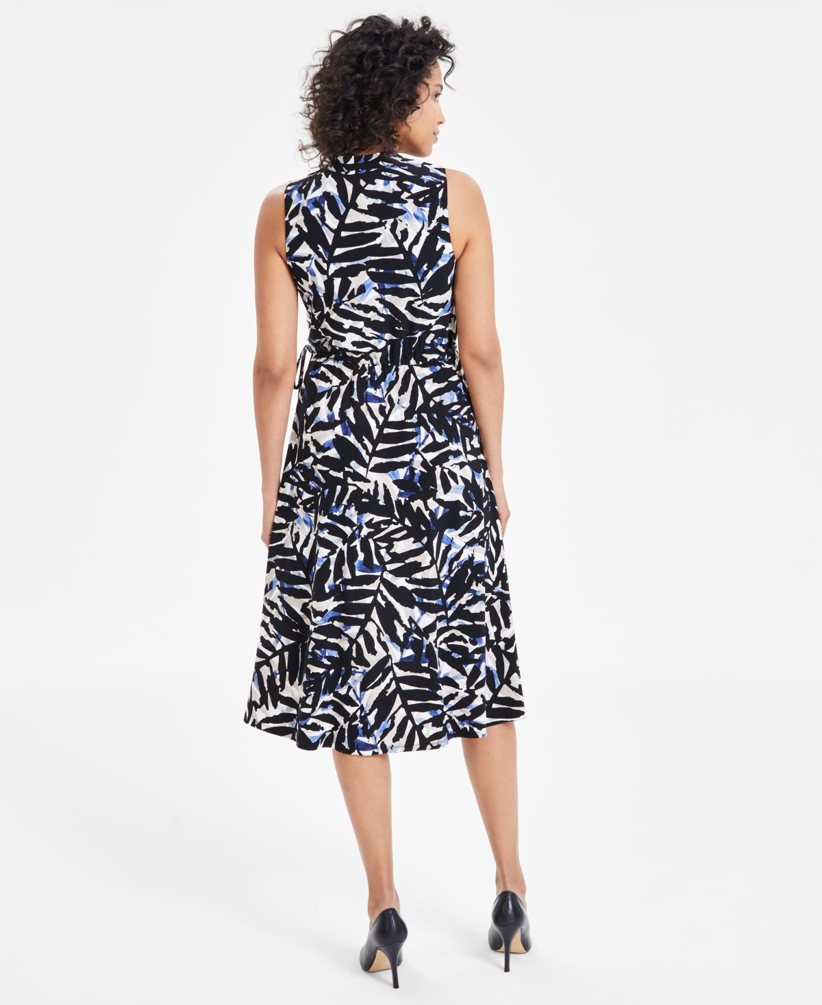 Shop Anne Klein Women's Jenna Printed Drawstring Waist Midi Dress In Blue Jay,anne Black