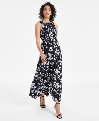 Anne Klein - Petite Smocked-Bodice Tiered Maxi Dress
