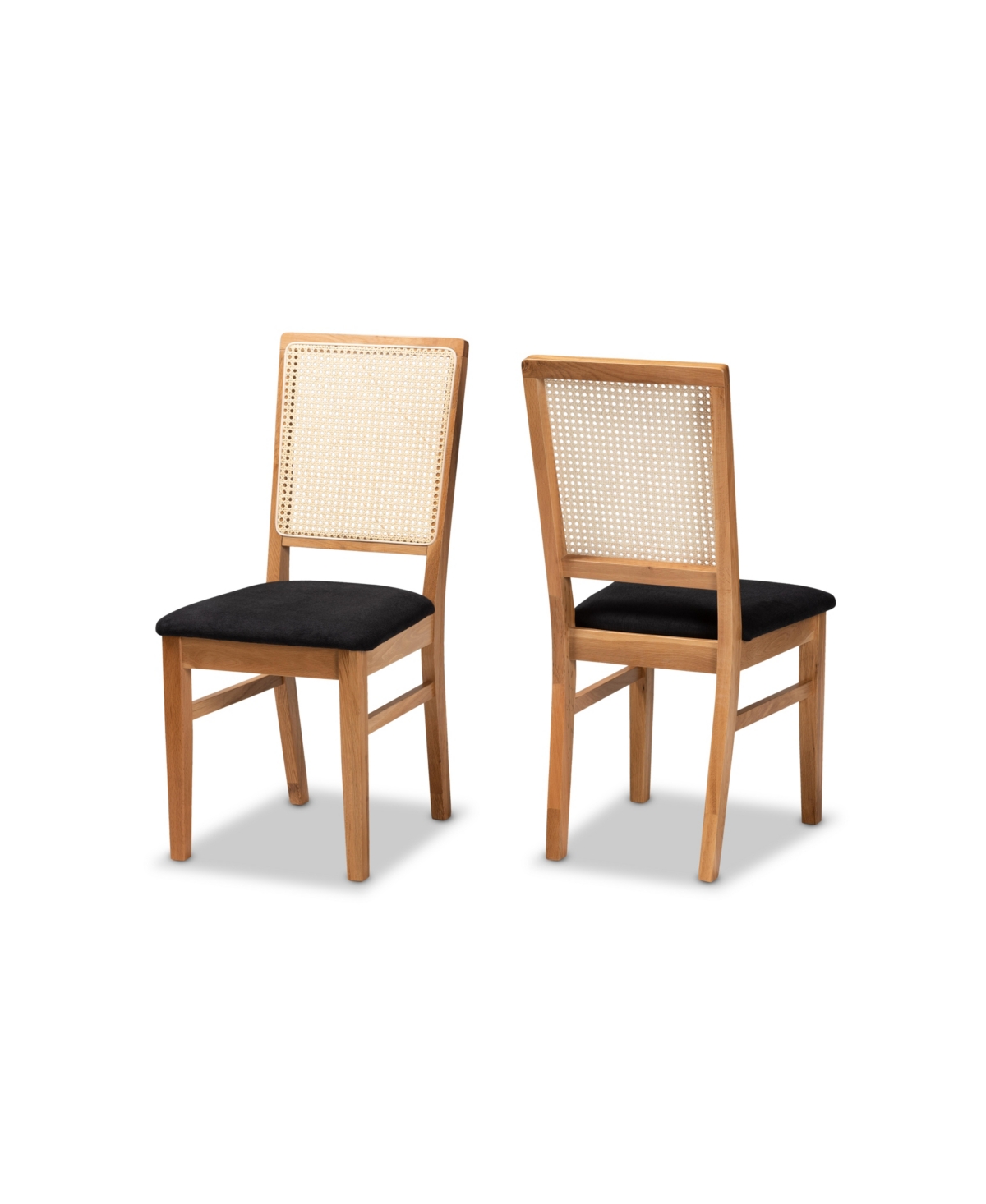 Baxton Studio Idris Mid-century Modern Fabric Upholstered And Oak Finished 2-piece Rattan Dining Chair Set In Black,oak Brown