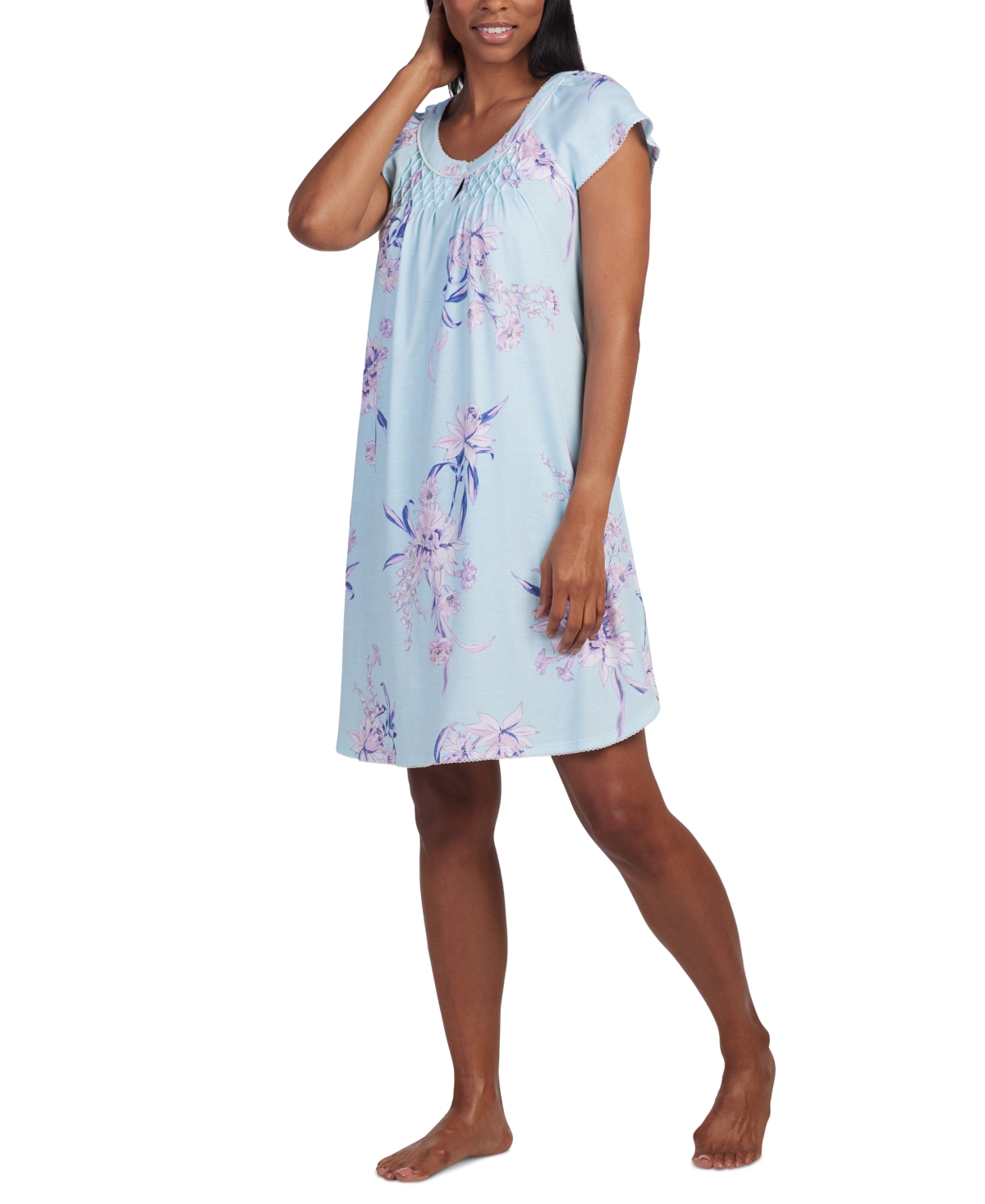 Miss Elaine Women's Gathered Floral Nightgown In Aqua Blue