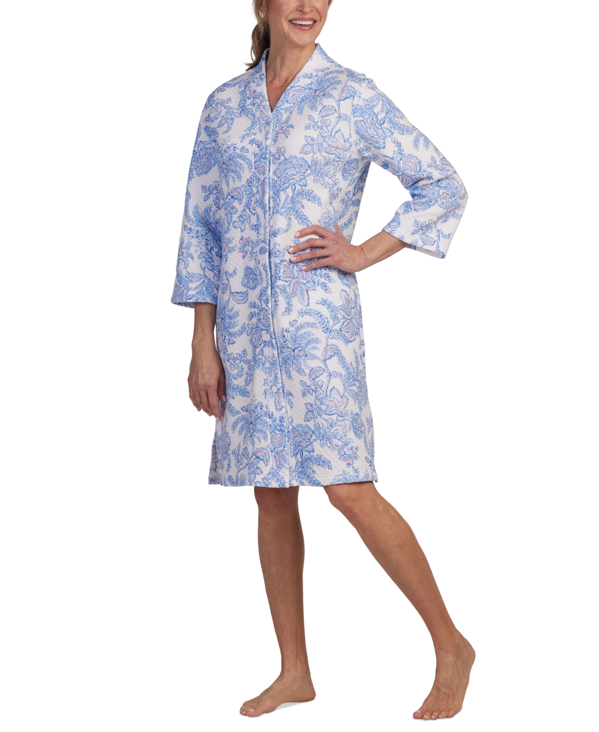 Miss Elaine Women's Quilted Floral Snap-front Robe In Blue