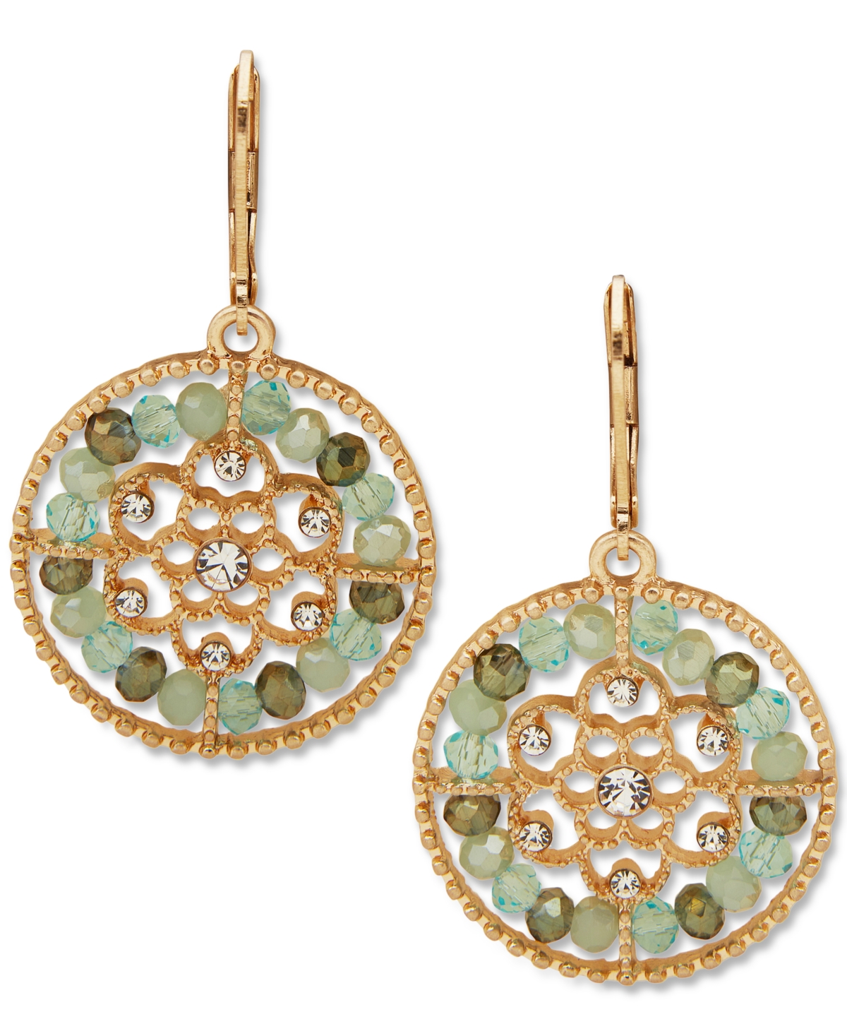 Gold-Tone Pave & Bead Flower Round Drop Earrings - Seafoam
