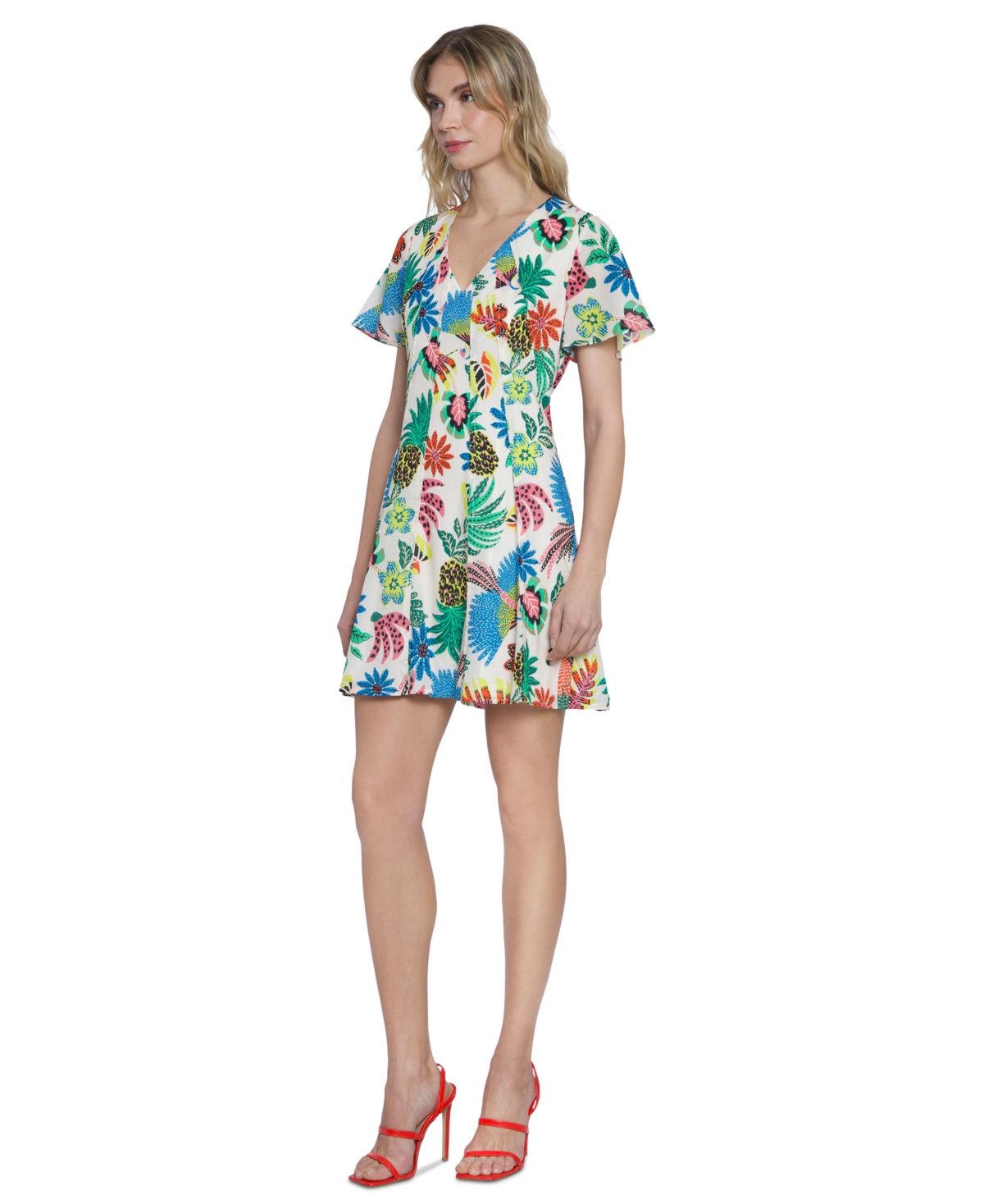 Shop Donna Morgan Women's Cotton Tropical-print Mini Dress In Ivory,pool Blue
