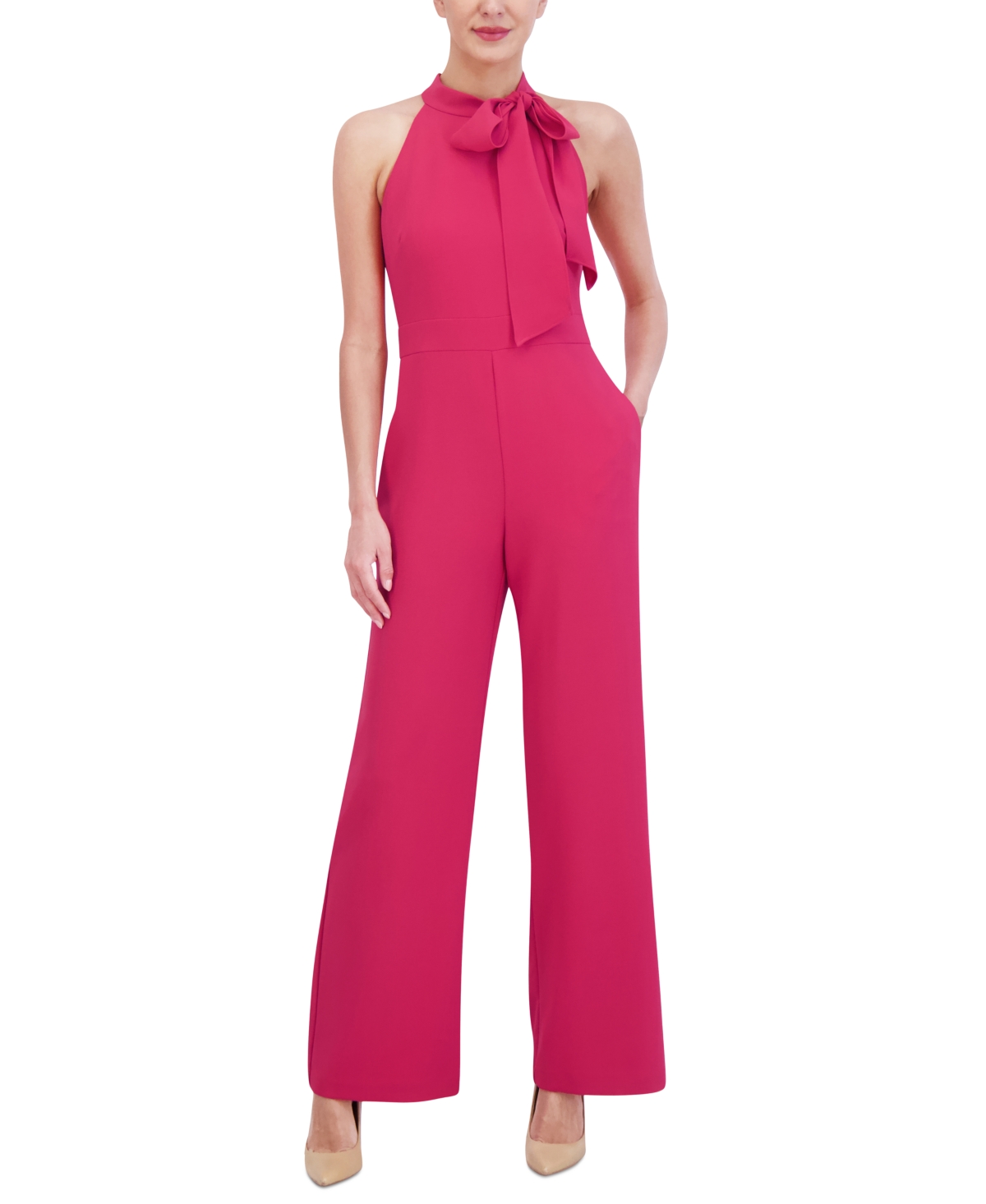 Shop Vince Camuto Women's Stretch-crepe Tie-neck Sleeveless Jumpsuit In Hot Pink