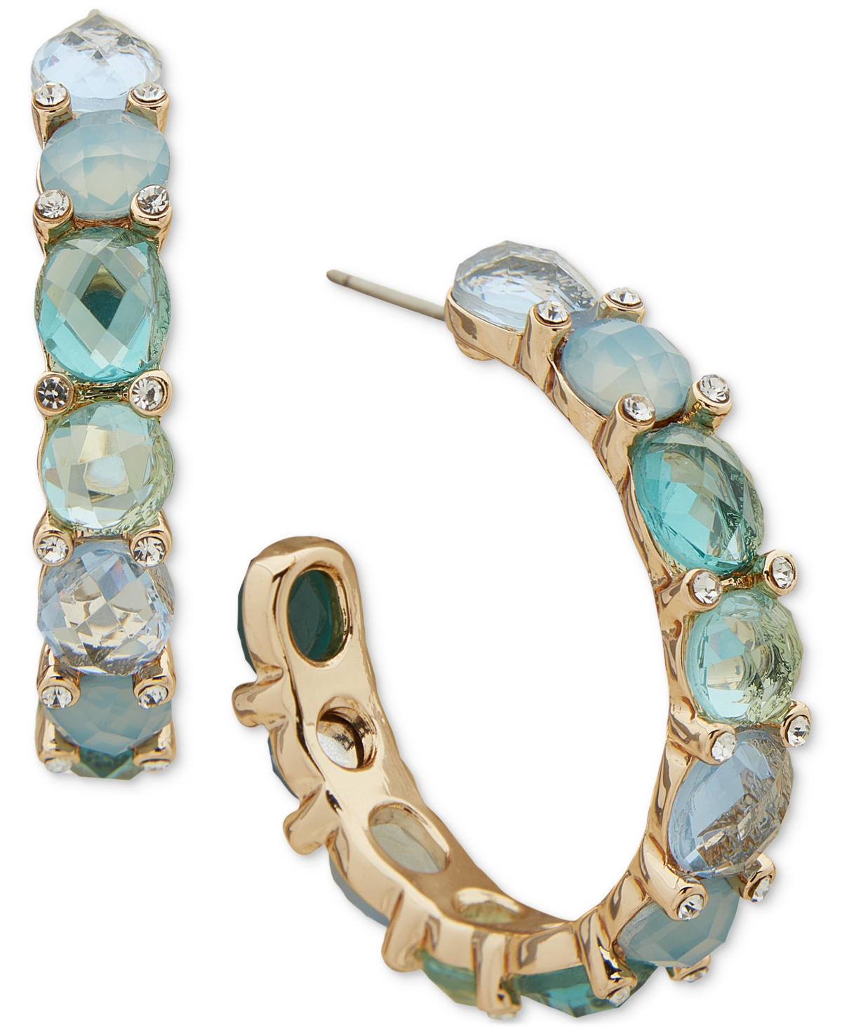Gold-Tone Small Mixed Stone C-Hoop Earrings, 1" - Blue