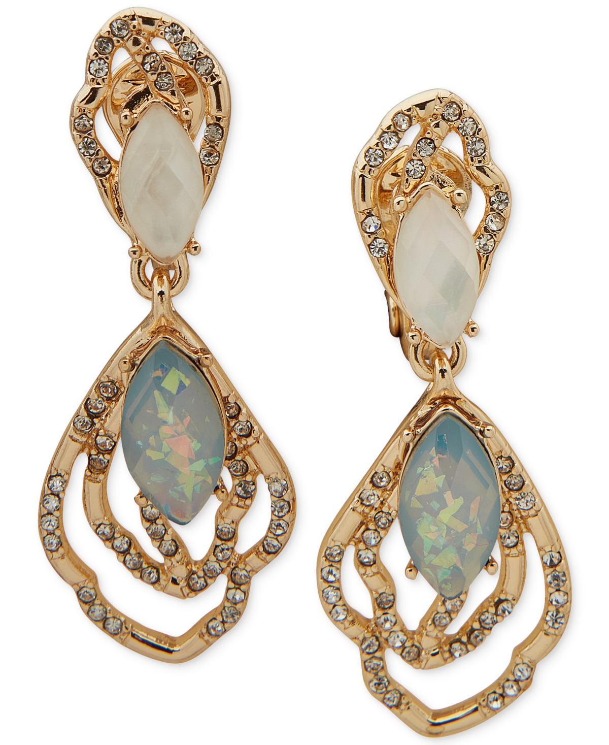 Shop Anne Klein Gold-tone Mixed Stone Clip-on Double Drop Earrings In Blue