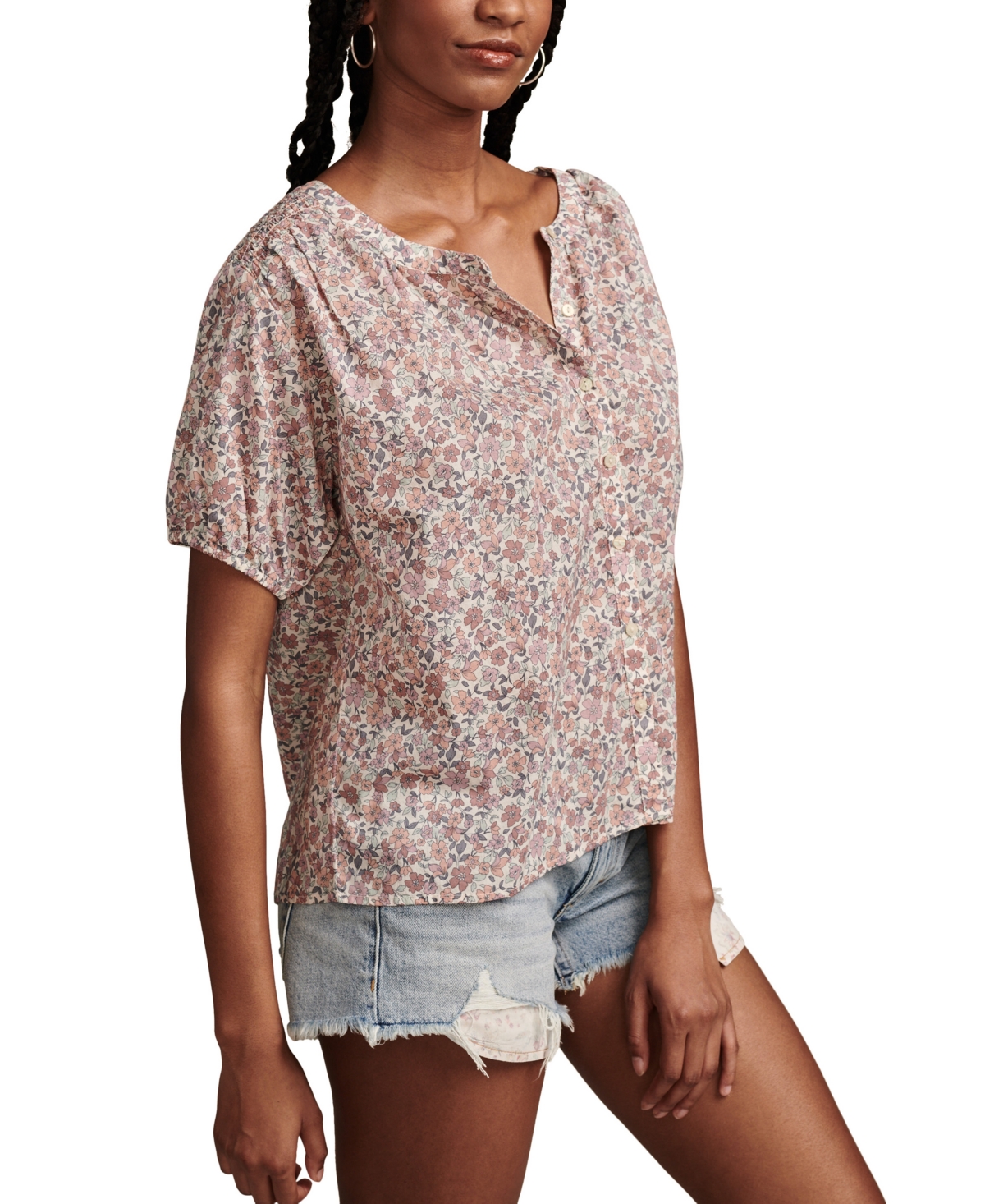 Lucky Brand Women's Printed Cotton Smocked-Trim Blouse