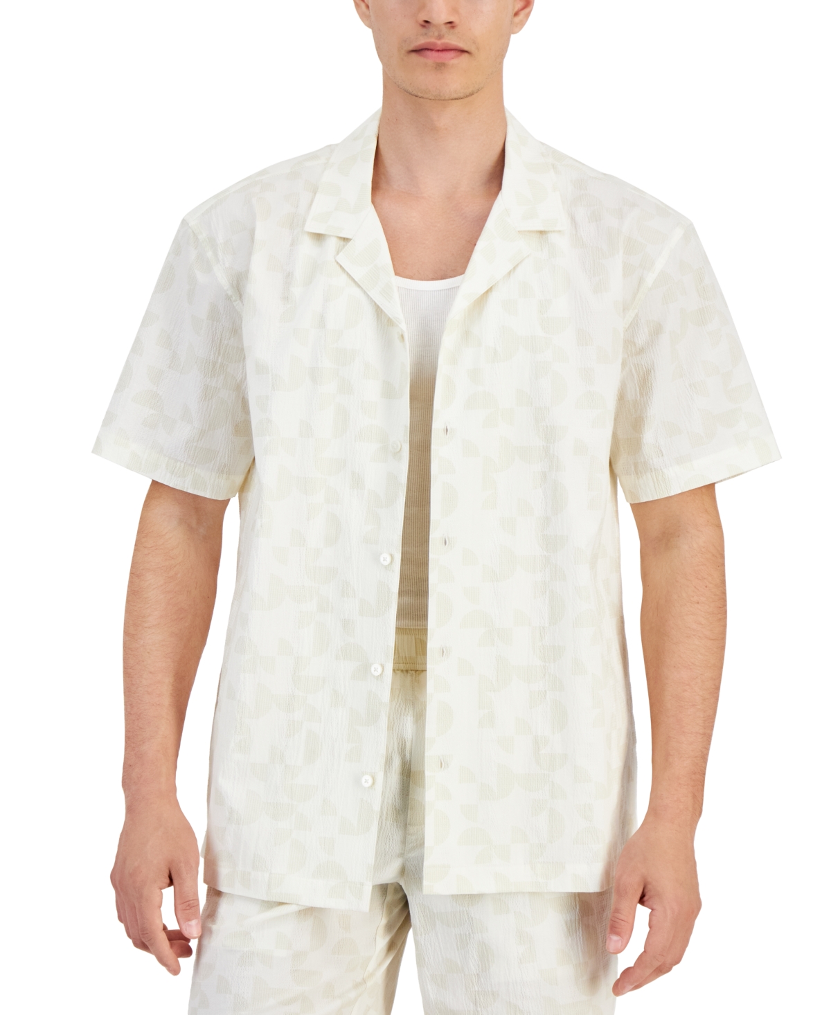 Shop Alfani Men's Grand Regular-fit Geo-print Button-down Seersucker Camp Shirt, Created For Macy's In Vanilla Ice