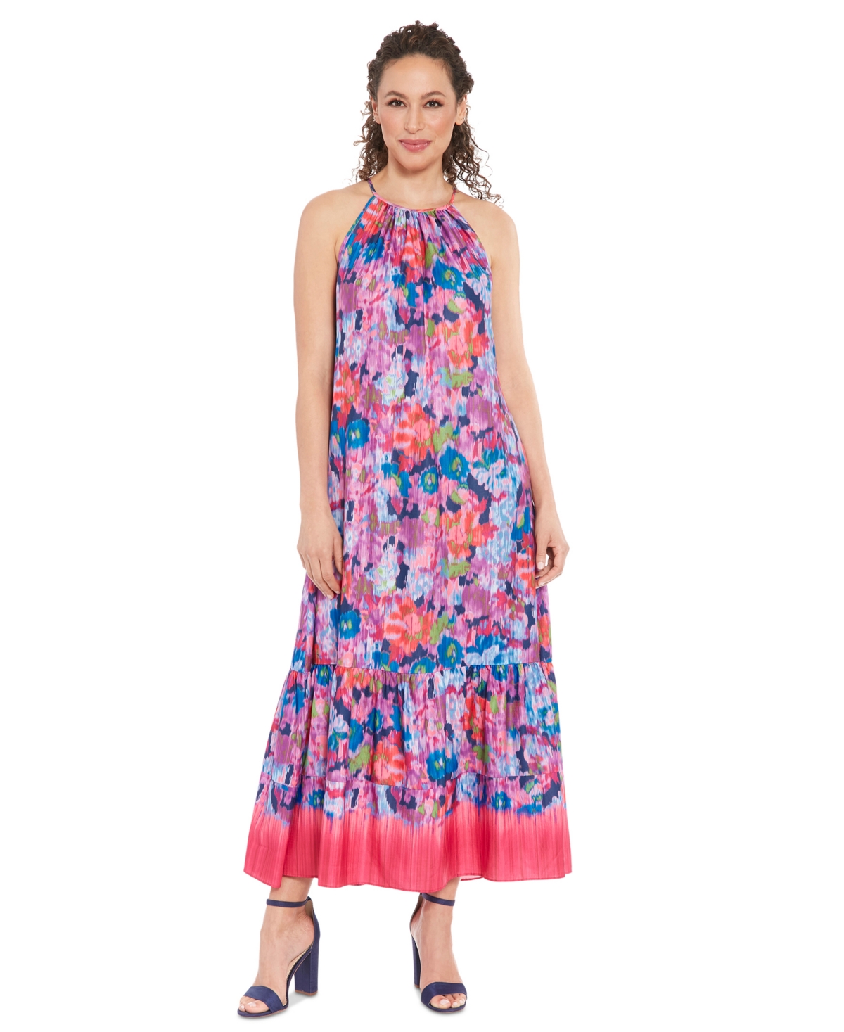 London Times Women's Ikat Floral Halter Maxi Dress In Pink,blue