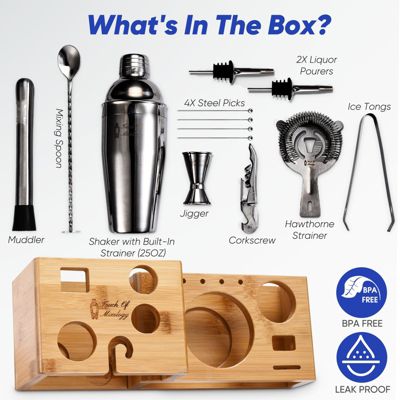 Premium 14 Piece Stainless Steel Bartender Kit with Bamboo Stand (Dark Metallic)