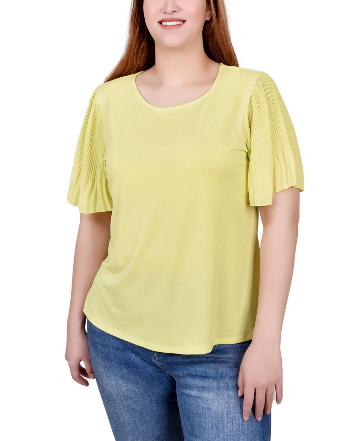 Женский топ NY Collection Petite Pleated-Sleeve, цвет: Зелёный — фото 1
