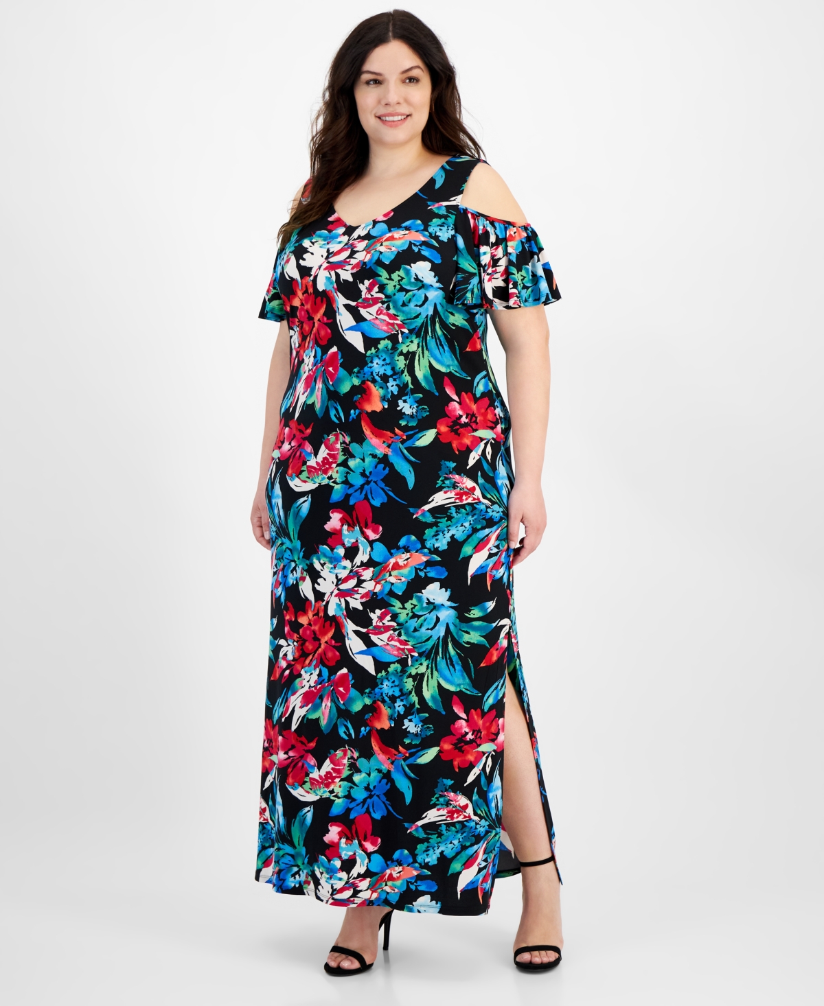 Plus Size Floral-Print Cold-Shoulder Maxi Dress - Black