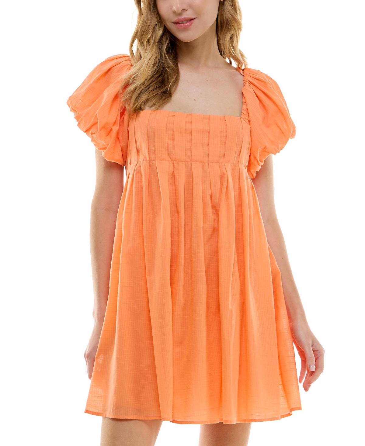 Shop City Studios Juniors' Square-neck Puff-sleeve Strappy-back Dress In Cantaloupe