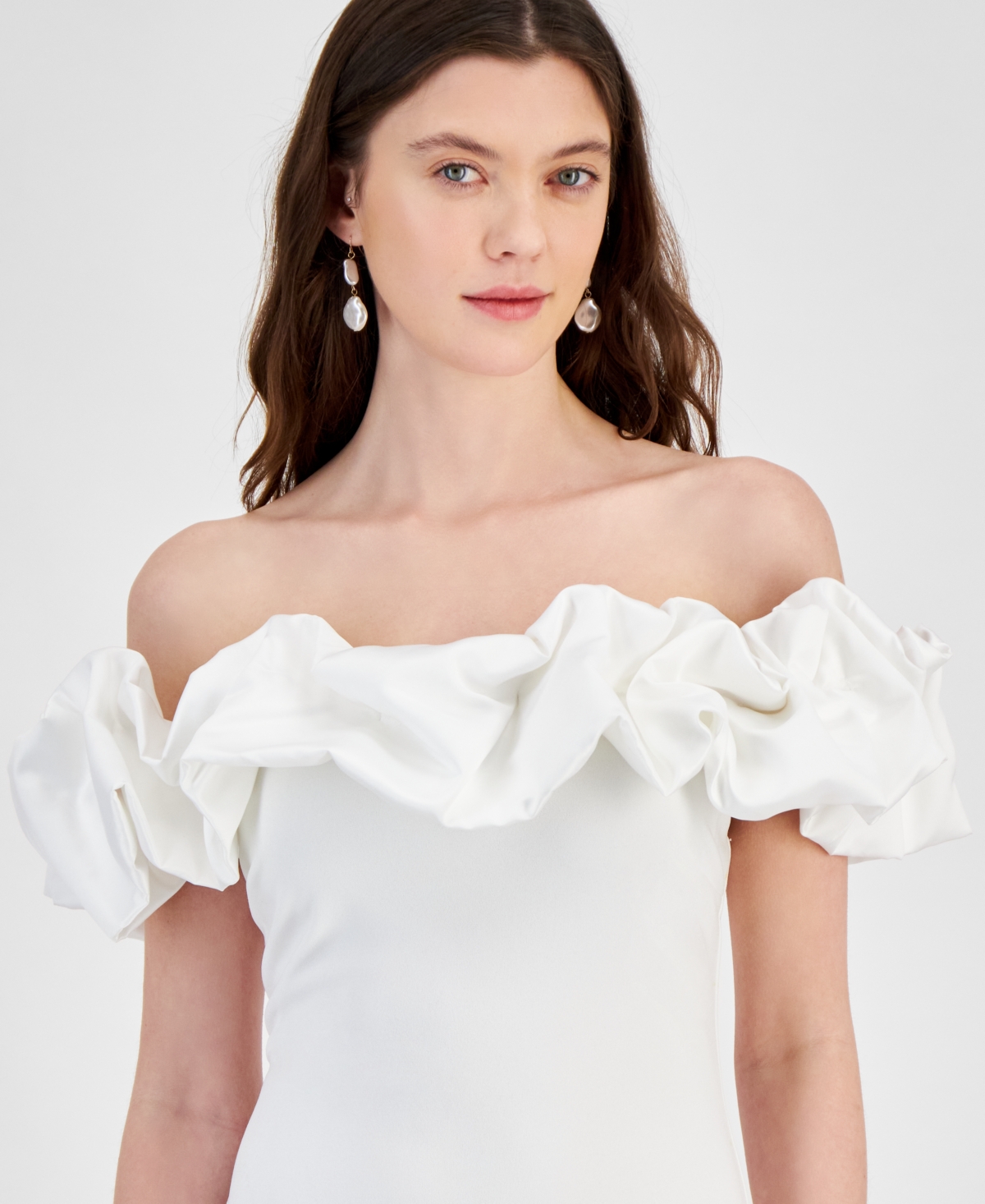 Shop City Studios Juniors' Ruffled Off-the-shoulder Bodycon Dress In Ivory