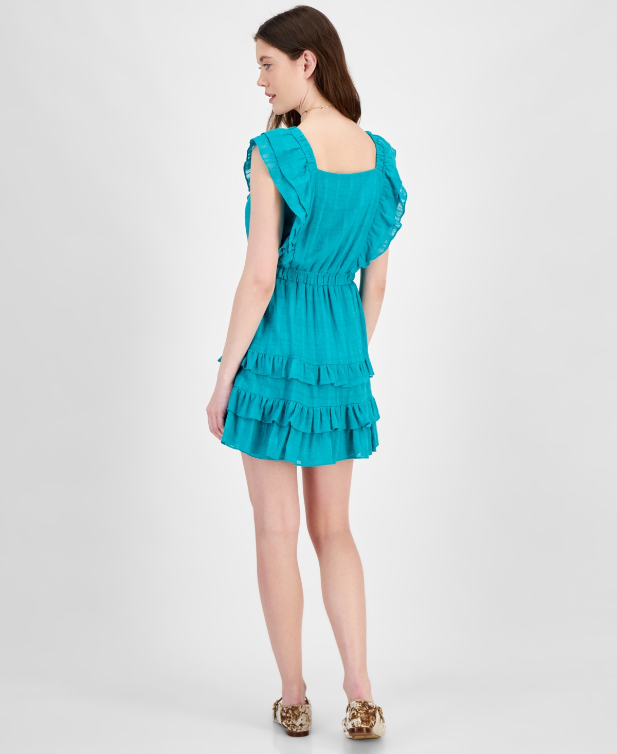 Shop City Studios Juniors' Ruffled Textured Cotton Fit & Flare Dress In Jade