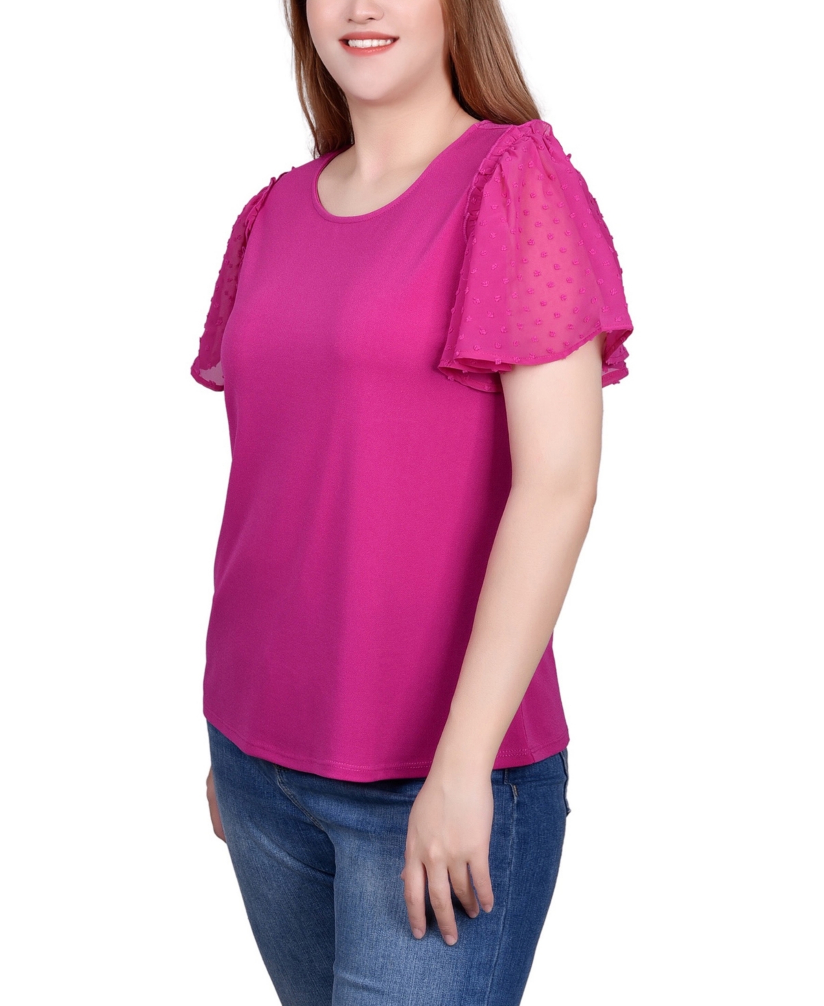Ny Collection Petite Clip Dot Flutter Sleeve Top In Fushia Red