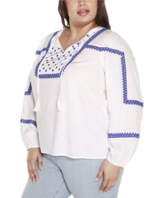 Black Label Plus Size Embroidered Blouson Tie Neck Top