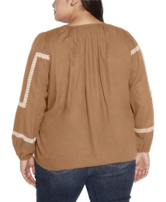 Black Label Plus Size Embroidered Blouson Tie Neck Top