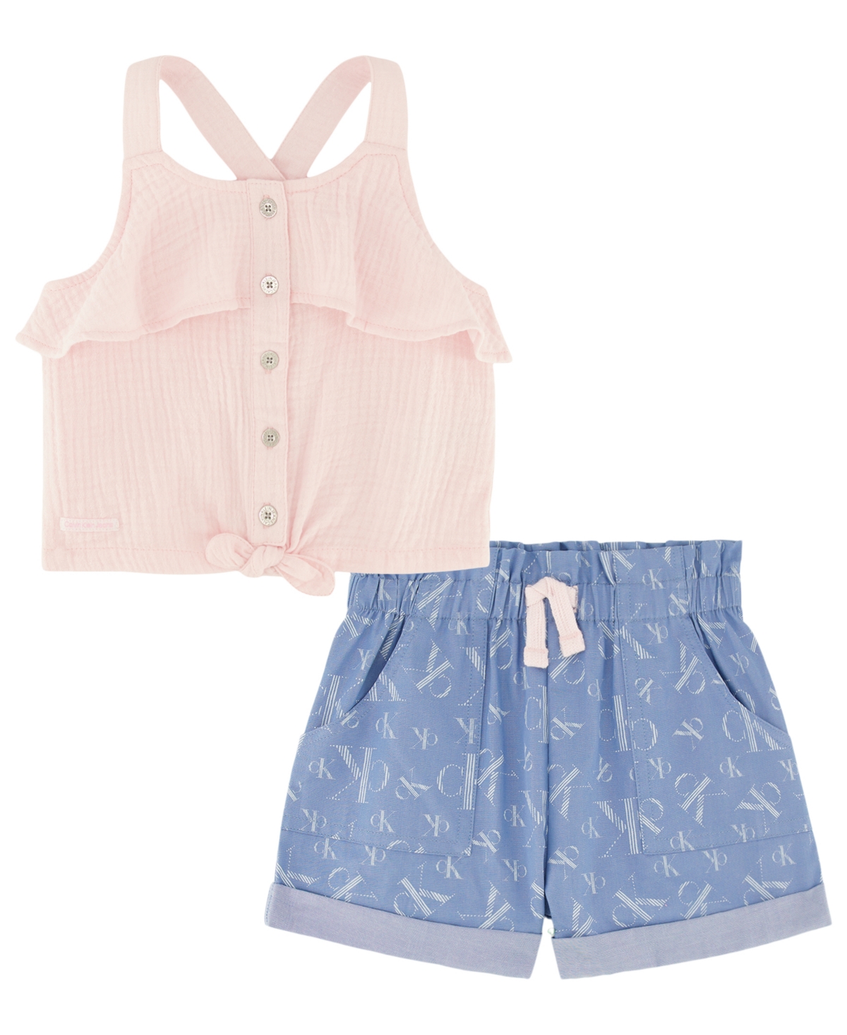 Shop Calvin Klein Little Girls Muslin Tie-front Halter Top And Chambray Cargo Shorts, 2 Piece Set In Pink,blue