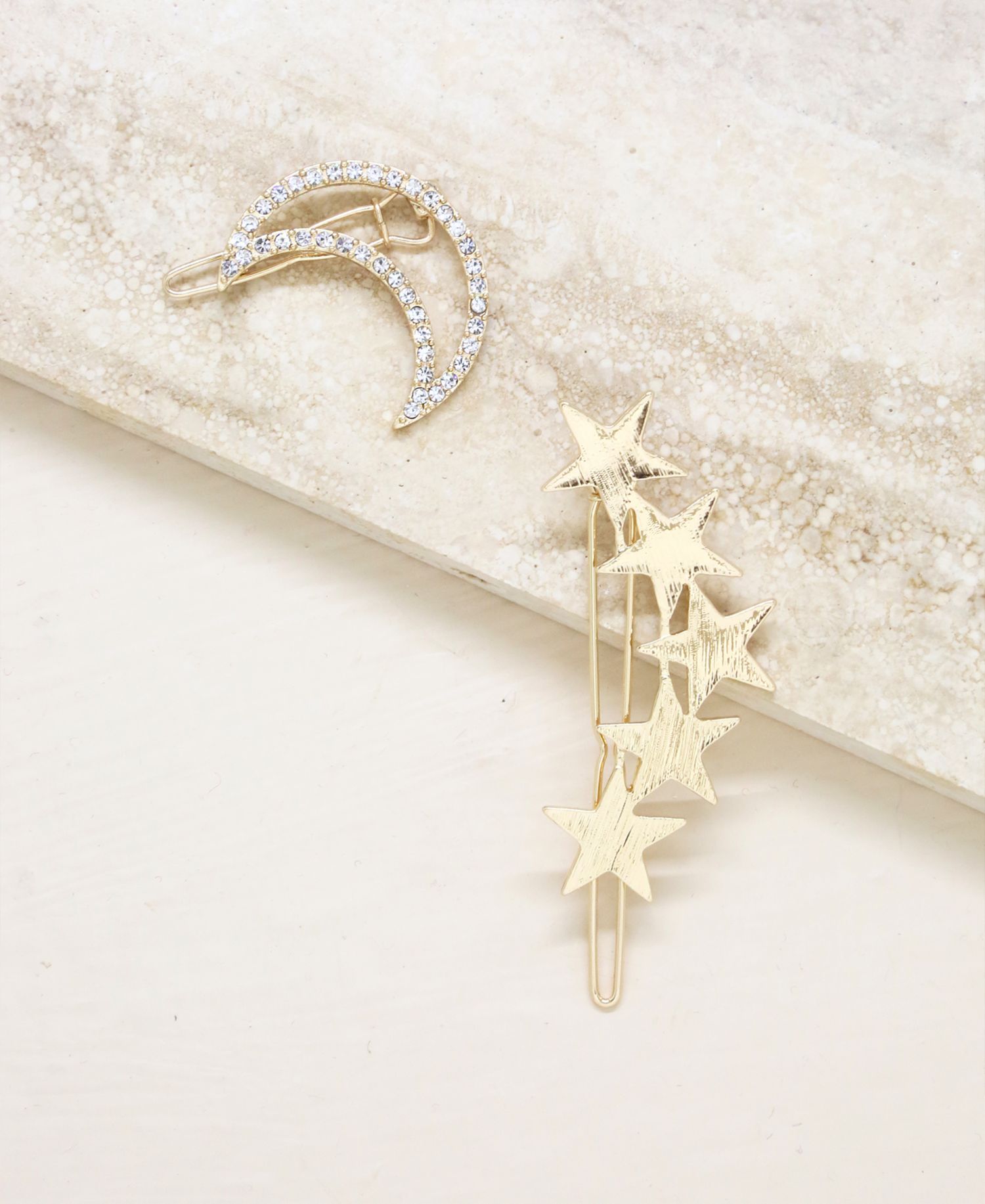 Stars and Moon Hair Barrettes in Gold-Tone, Set of 2