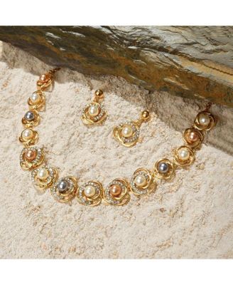 Women's Gold Embellished Roses Necklace And Earrings (Set Of 2)