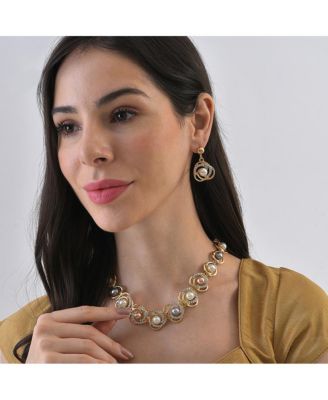 Women's Gold Embellished Roses Necklace And Earrings (Set Of 2)