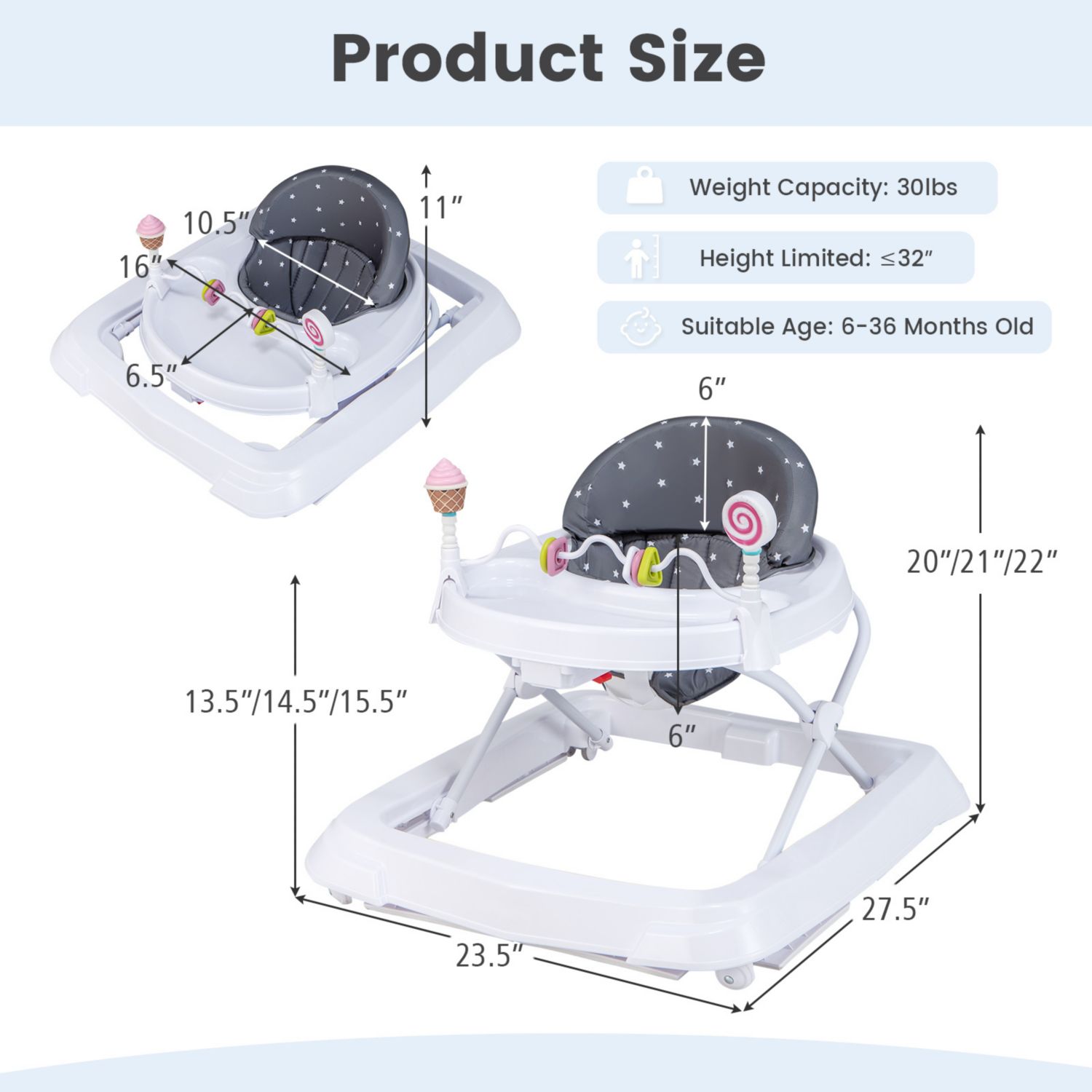 Baby Walker with Adjustable Heights, Foldable Frame, and Removable Seat